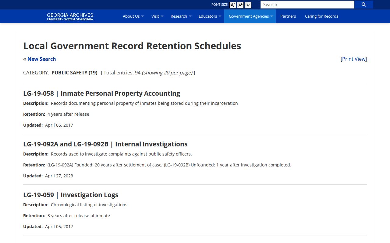 Thomas County jail booking record retention schedule from Georgia Archives