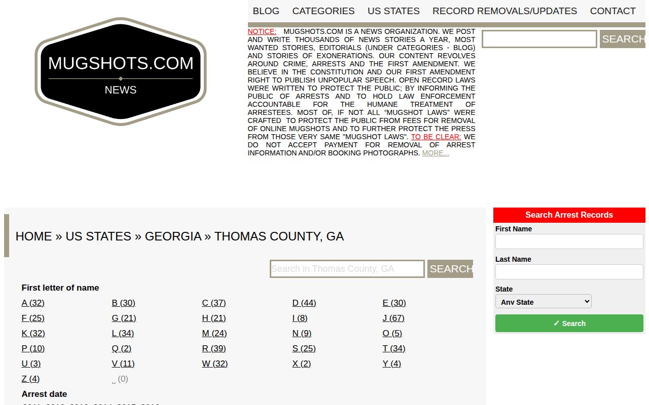 Mugshots.com historical Thomas County archive page
