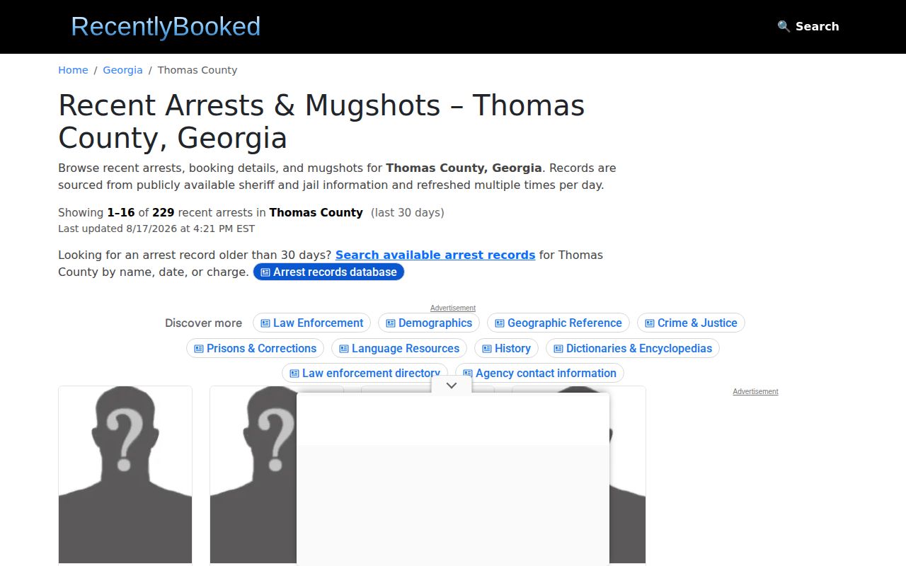 Recently Booked Thomas County secondary arrest-data landing page