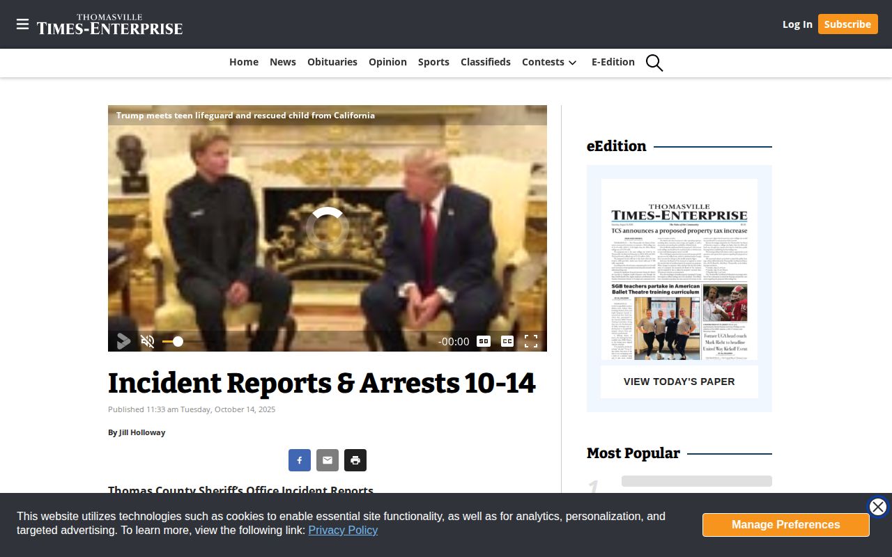 Thomasville Times-Enterprise Thomas County incident and arrest compilation