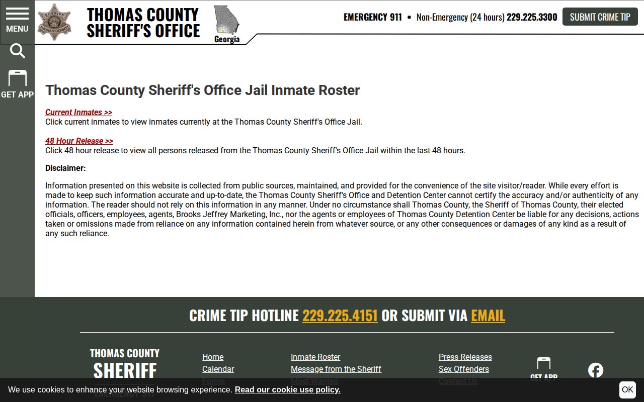 Thomas County Sheriff's roster disclaimer and booking-record search gateway