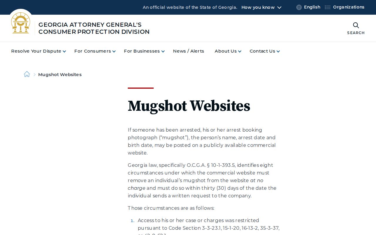 Georgia Attorney General mugshot law and free removal information for Thomas County records