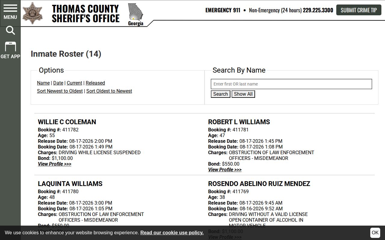 Thomas County Sheriff's 48-hour released roster view