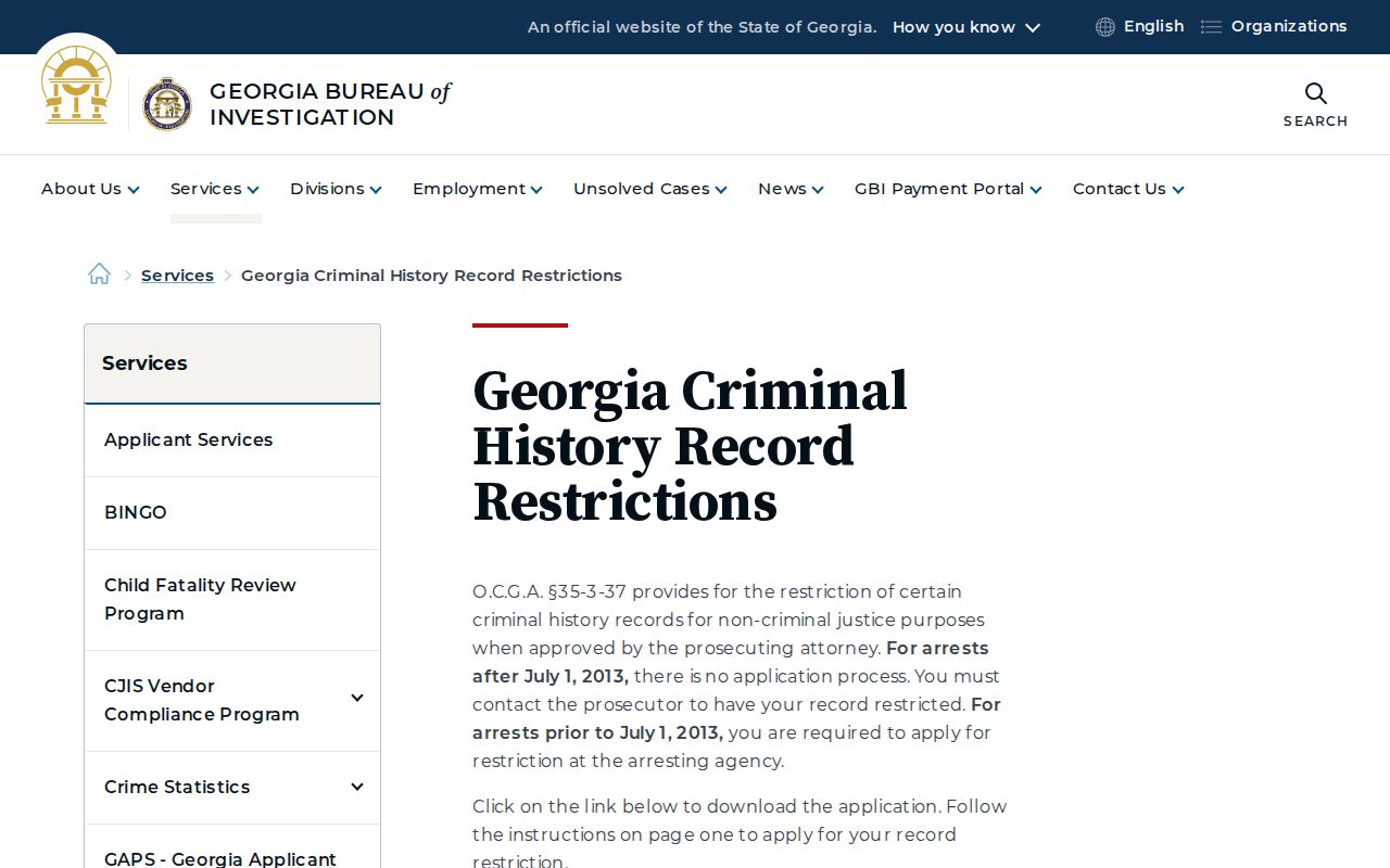Georgia record-restriction information for Thomas County arrest records