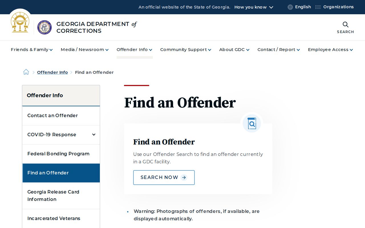 Thomas County path to Georgia Department of Corrections offender search information