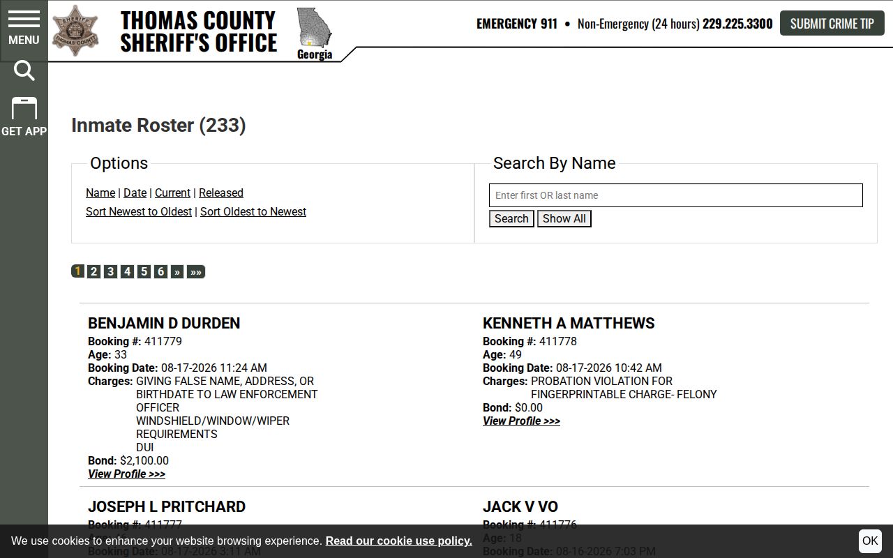 Thomas County Sheriff's current roster search with booking fields