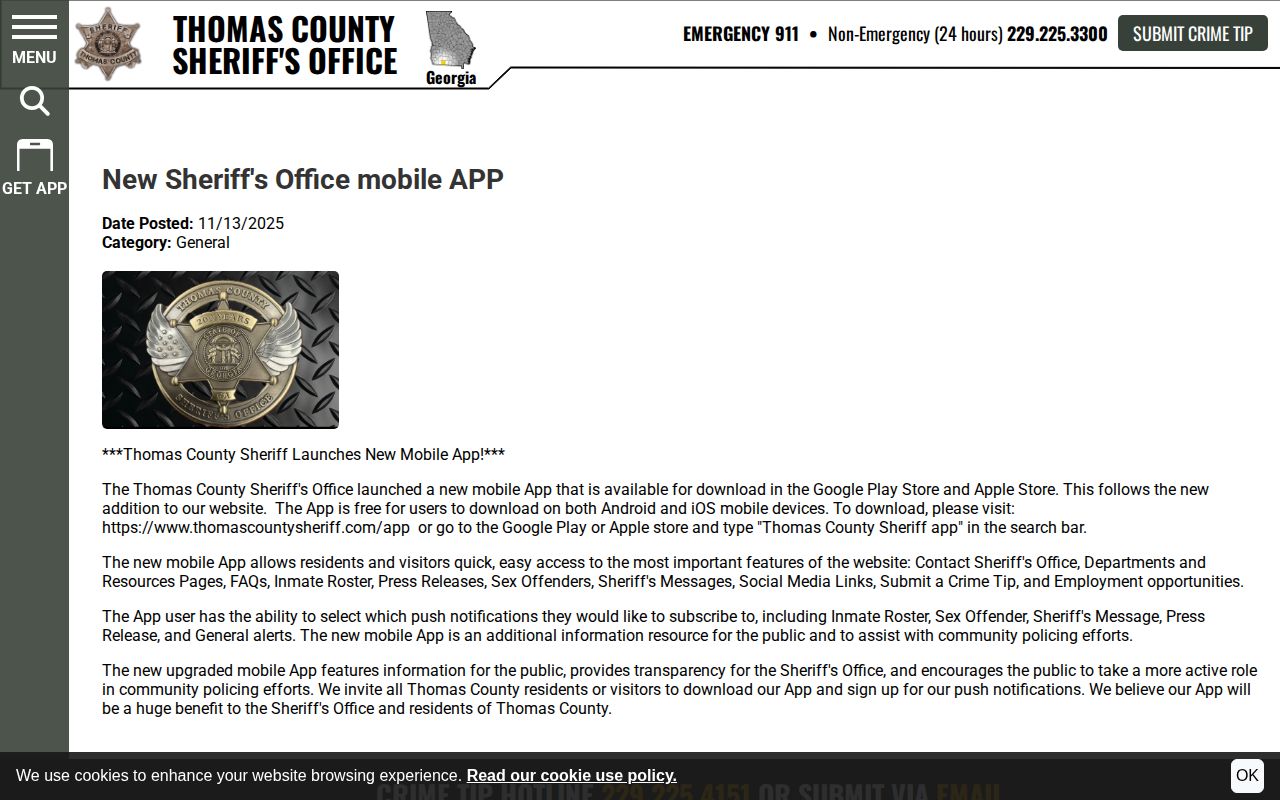 Thomas County Sheriff mobile app announcement and roster features