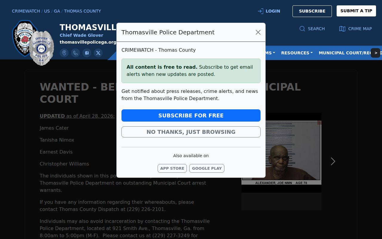 Thomasville Police municipal bench-warrant post and contact information