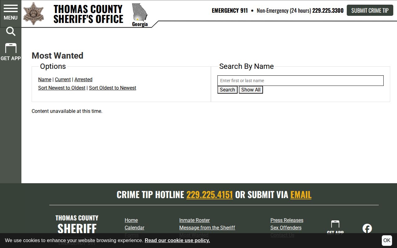 Thomas County Sheriff's most wanted interface showing unavailable content
