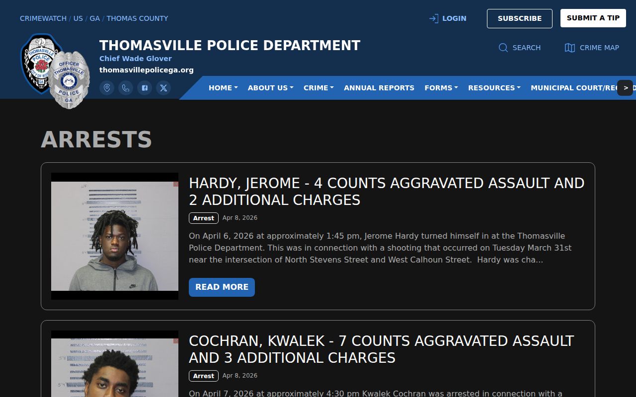 Thomasville Police CRIMEWATCH arrest-post index